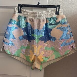 QUEEN OF SPARKLES camouflage Sequin Shorts - Blue, Green, Tan